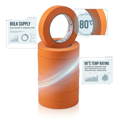 Chinesischer Lieferant Großhandel 80 Grad Hitzebeständige Autoreparatur Orange Masking Tape mit hoher Viskosität, die mit Originalverpackung angepasst werden kann